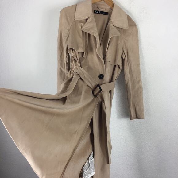 Zara Tan Trench Coat XS Faux Suede Double Breasted Belted Classic Mid Length - Picture 13 of 16
